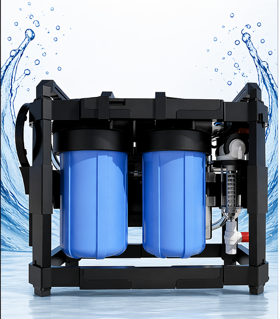 Max Portable Water Treatment System — black framed unit with multiple filter housings, mounted on a carry base.