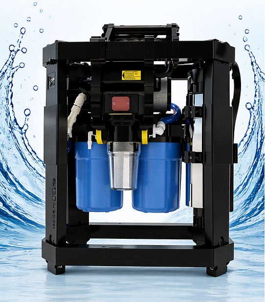 Micron Portable Water Treatment System — black framed unit with three filter housings, mounted on a carry base.